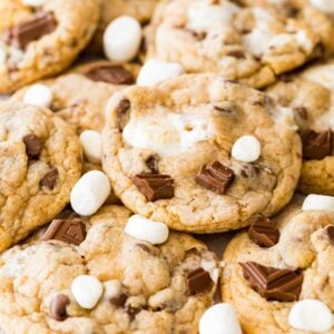 close-up view of smores cookies topped with chocolate and marshmallows