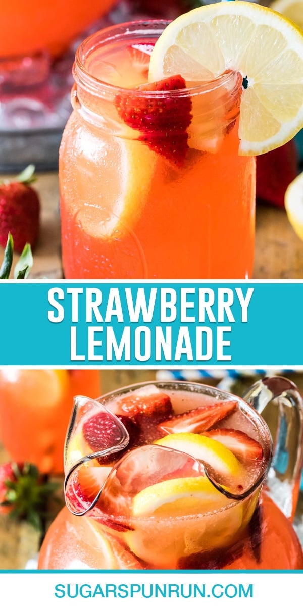 collage of two photos of strawberry lemonade, the top image being a single glass and the bottom a pitcher