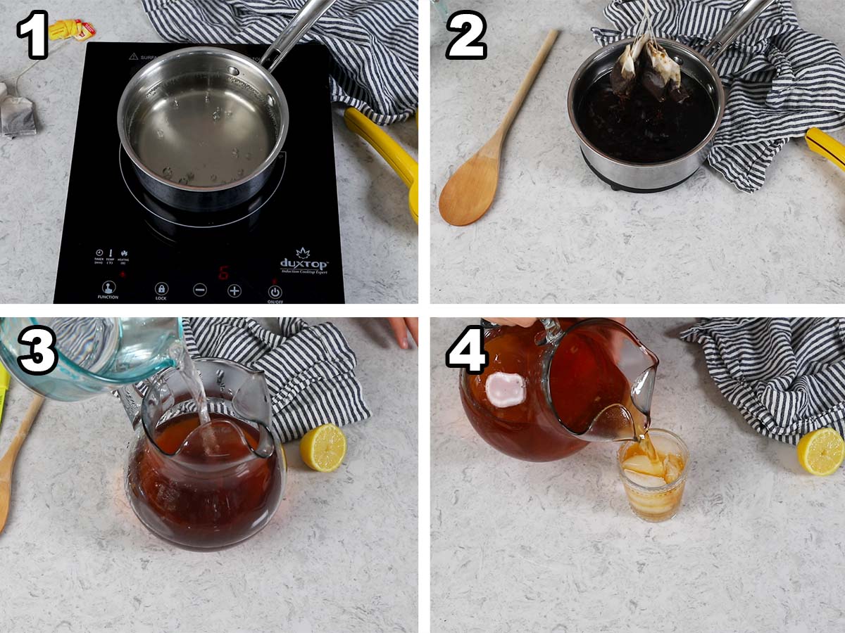 collage of four photos showing iced tea being prepared with a simple syrup then poured over ice