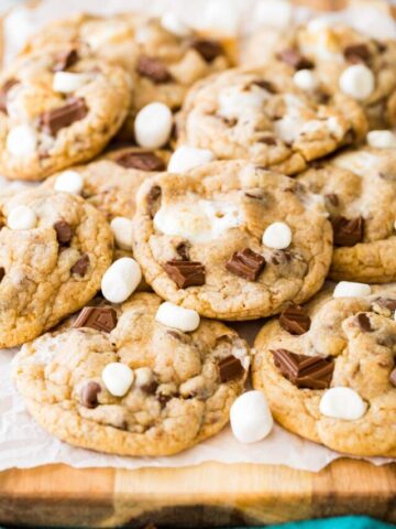 close-up view of of smores cookies topped with chocolate and marshmallows