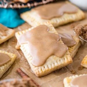 two brown sugar pop tarts with one resting on top of the other
