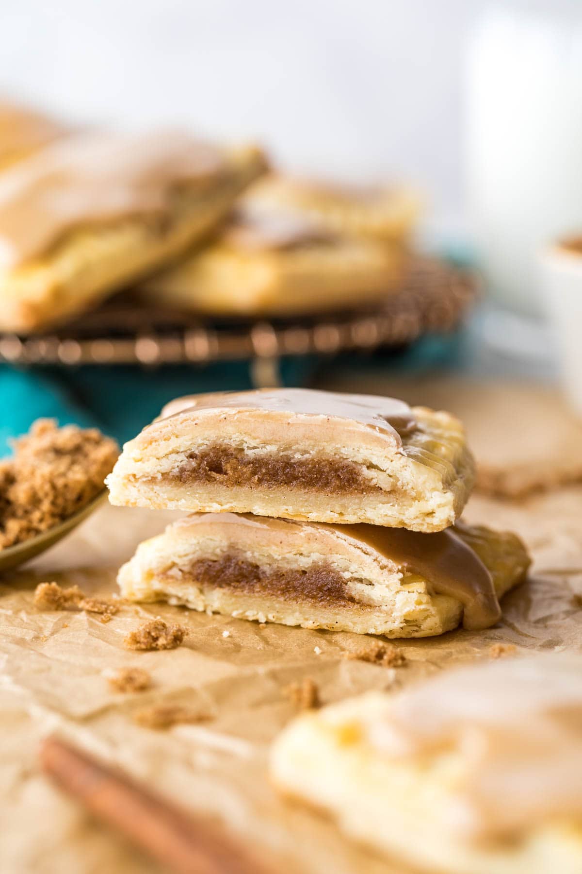 two halves of a homemade brown sugar pop tart stacked on top of each other