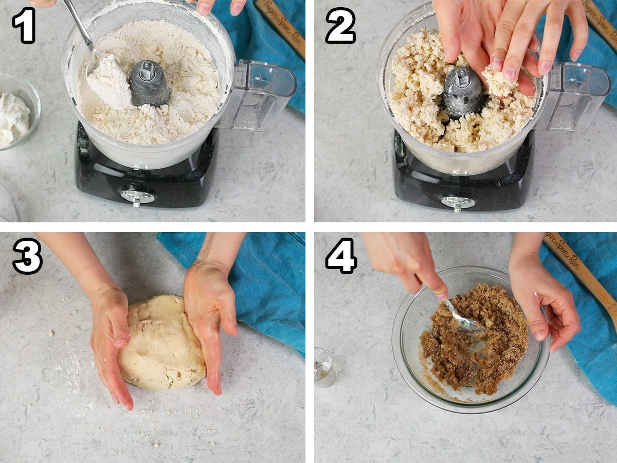 collage of four photos showing coarse crumbs, dough being combined in a food processor, dough formed into a disc, and filling being stirred together
