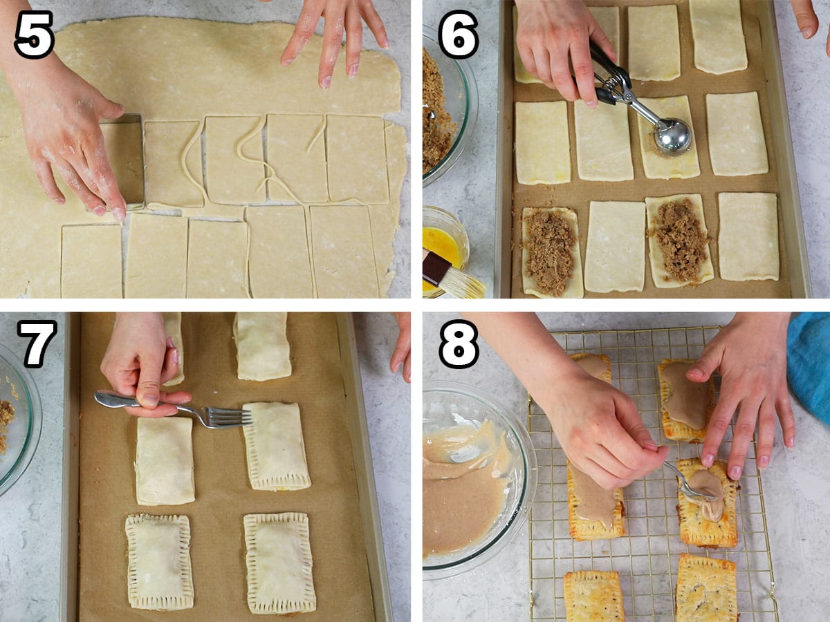 collage of four photos showing rectangles being cut out of dough, filled with brown sugar, crimped with a fork, and glazed with frosting