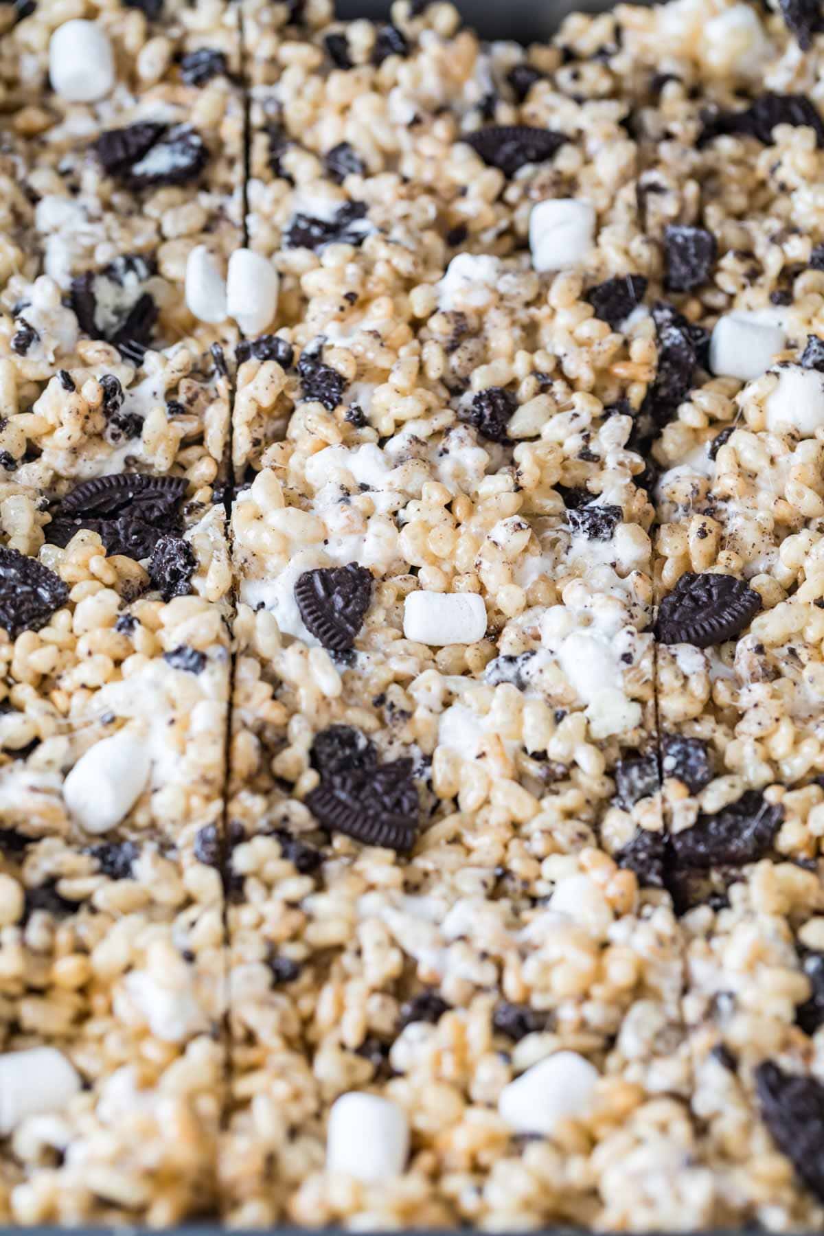 close-up view of oreo rice krispie treats after cutting