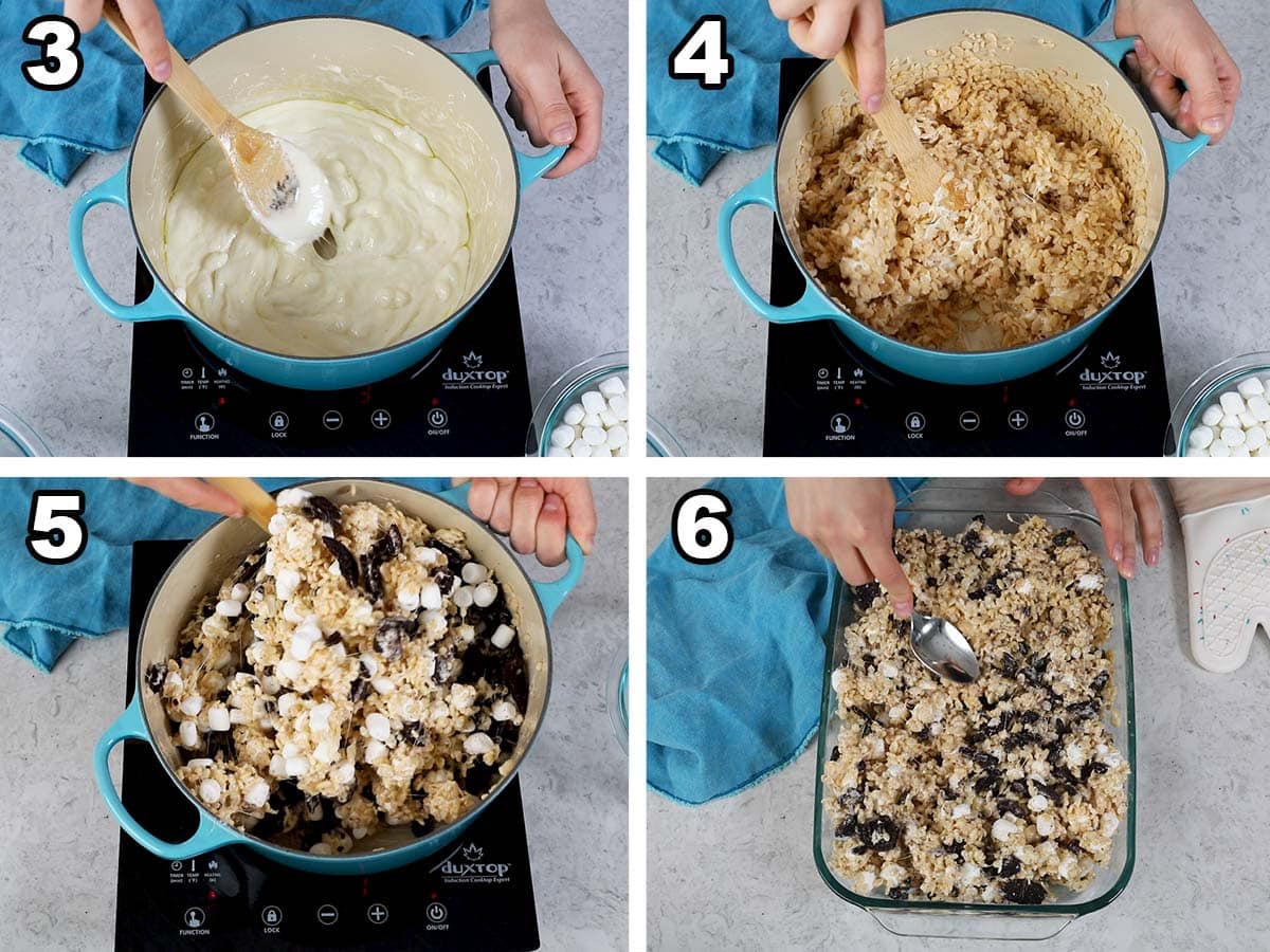 collage of four photos showing Oreo cookies being folded into homemade rice krispie treats