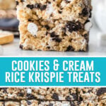 collage of cookies and cream rice krispie treats, top image of three bars stacked, bottom image of squares cut
