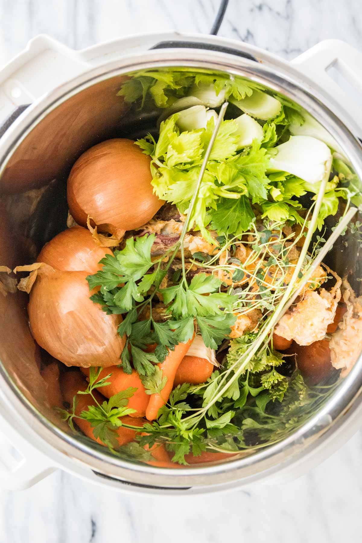 overhead view of a steel pot containing onions, herbs, and carrots
