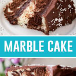 collage of marble cake, top image of single slice, bottom image of full cake