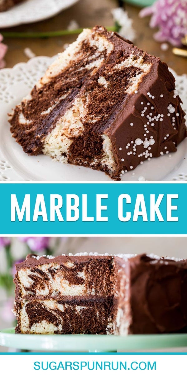 collage of marble cake, top image of single slice, bottom image of full cake