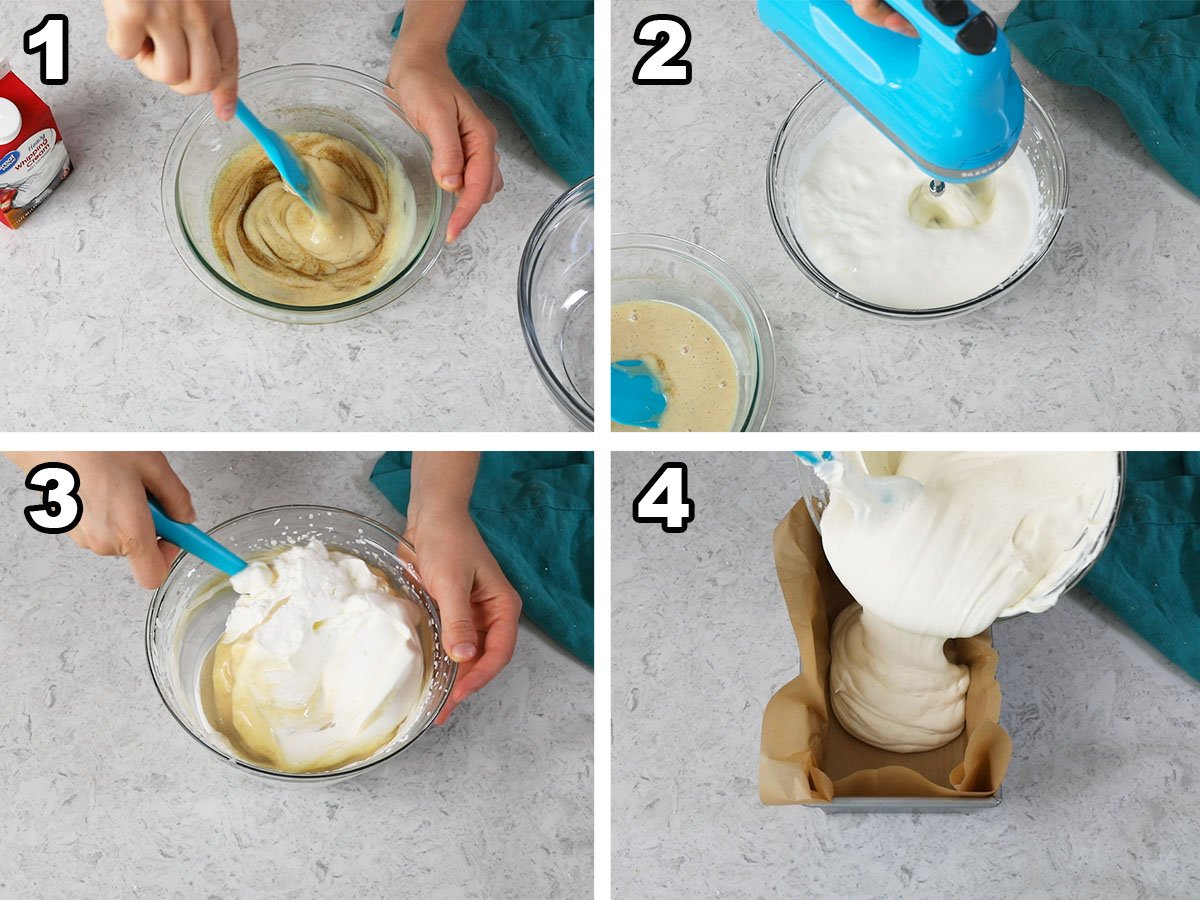 collage of four photos showing an ice cream mixture being prepared and poured into a metal bread pan