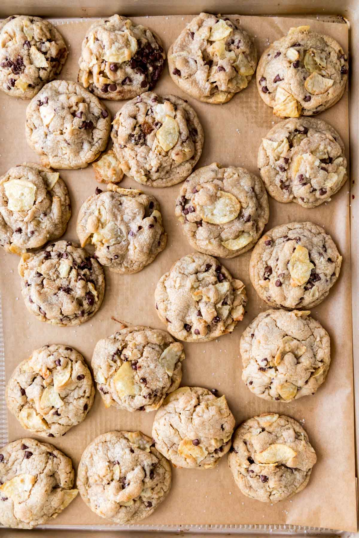 overhead view of potato chip cookies on a parchment lined sheet