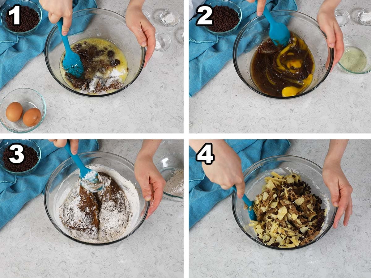 collage of four photos showing cookie dough being prepared and combined with crushed potato chips