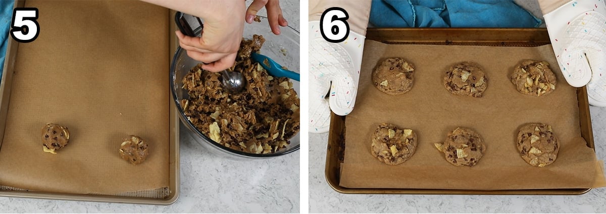 collage of two photos showing cookie dough being scooped and baked