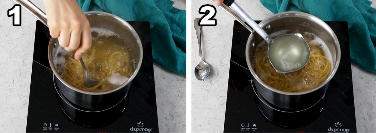 collage of two photos showing pasta being cooked and pasta water being reserved for later use