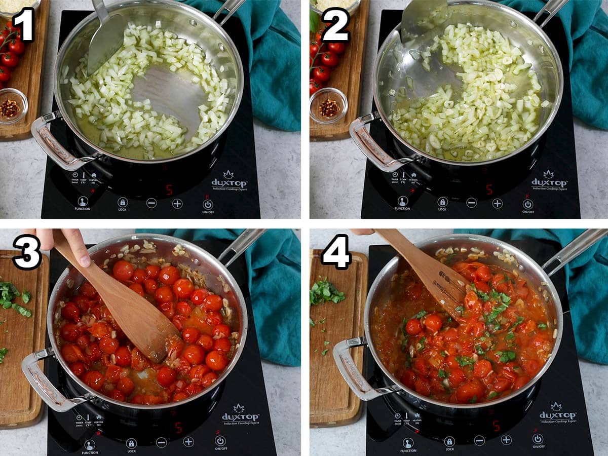 collage of four photos showing onions and garlic being cooked with cherry tomatoes and basil