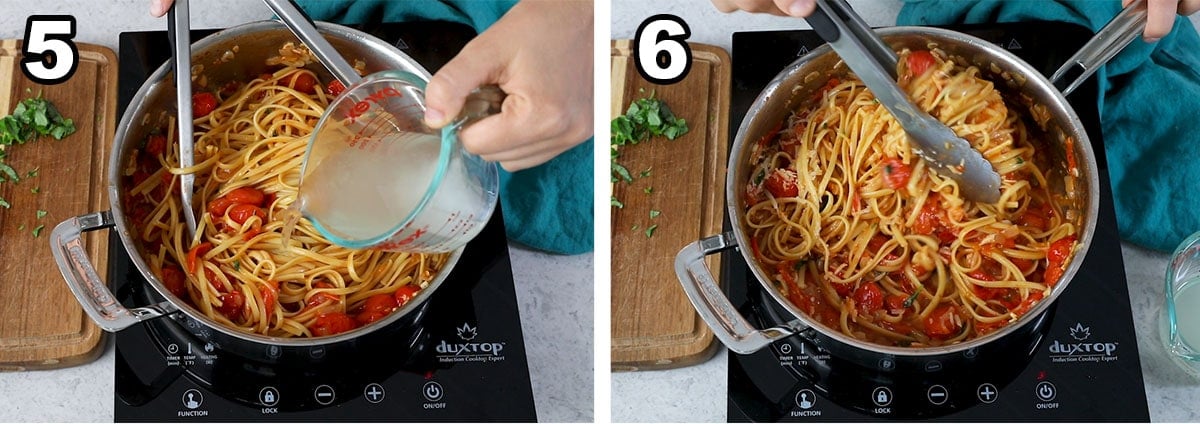 collage of two photos showing pasta being tossed with pasta water and sauce