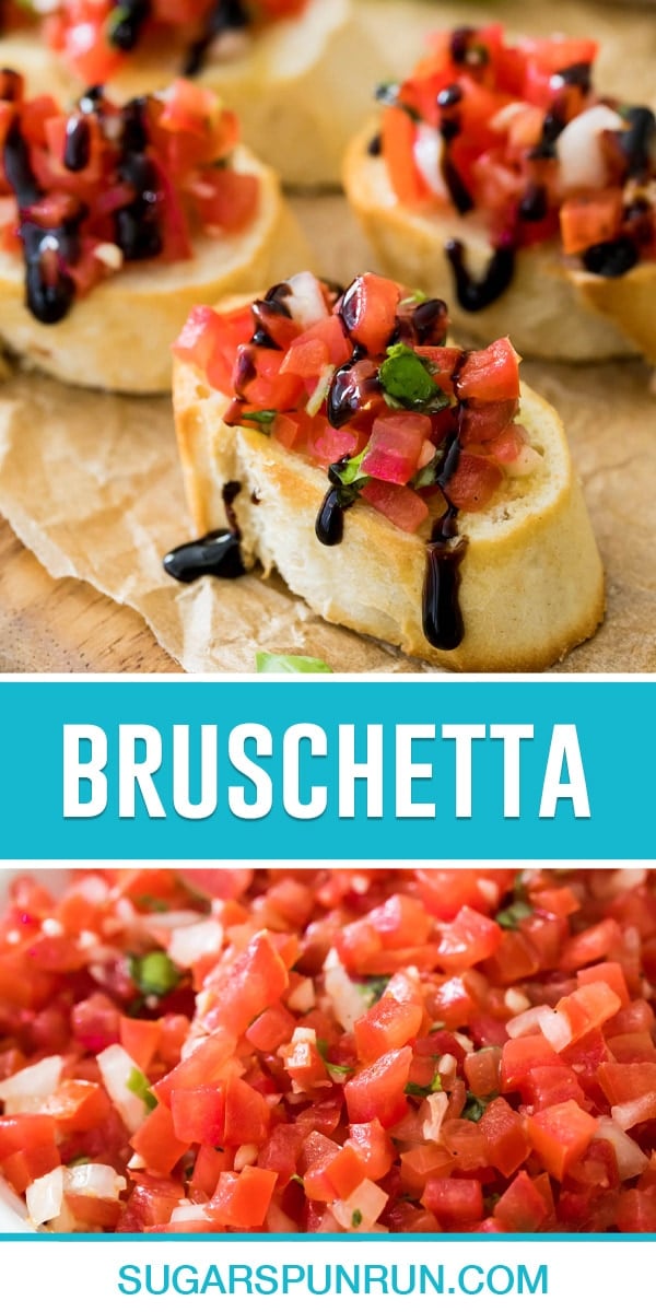 collage of bruschetta, top image of it on top of bread, bottom image close up bruschetta