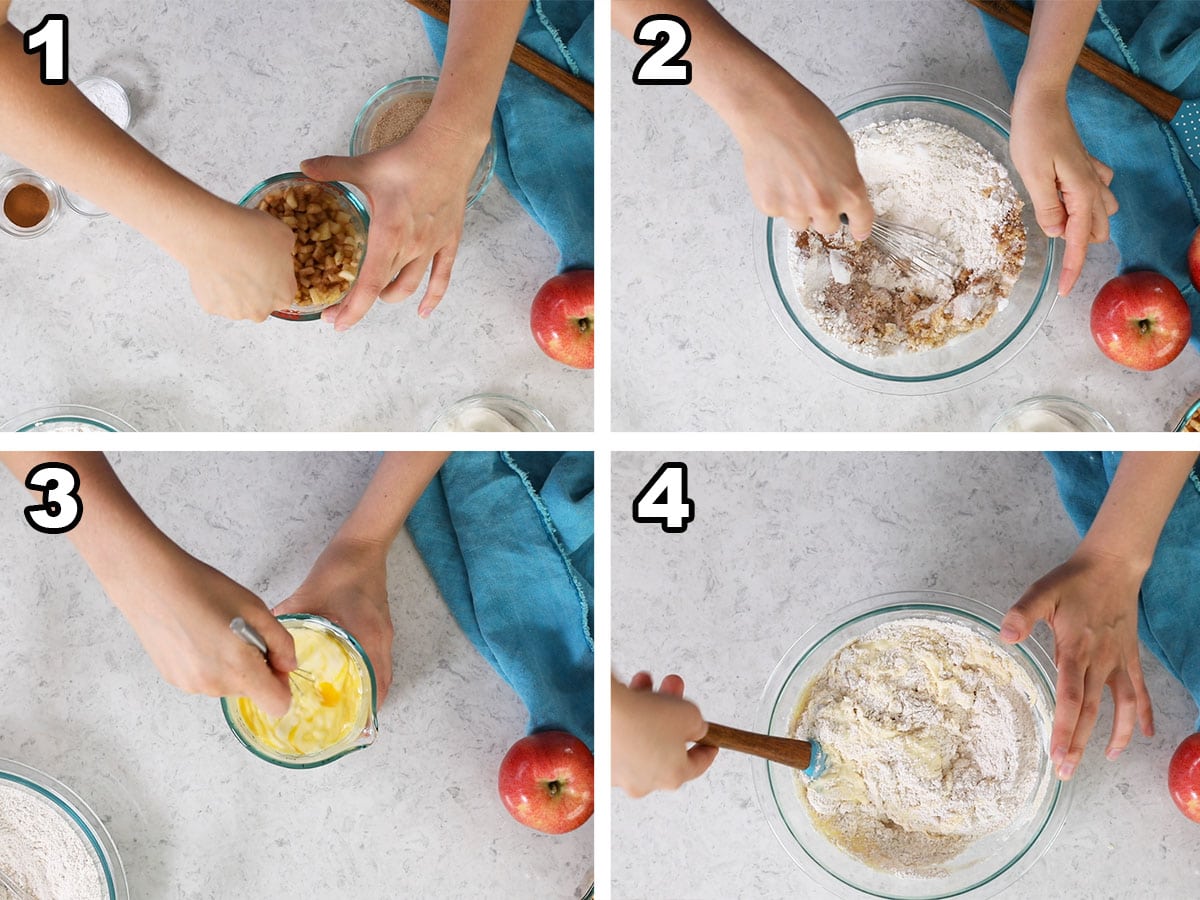 collage of four photos showing bread batter being prepared