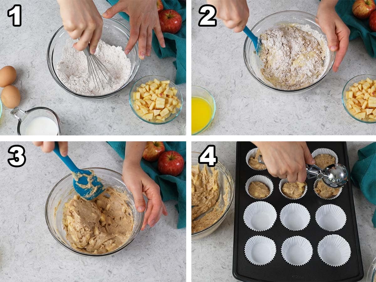 collage of four photos showing muffin batter being prepared and divided into cupcake liners