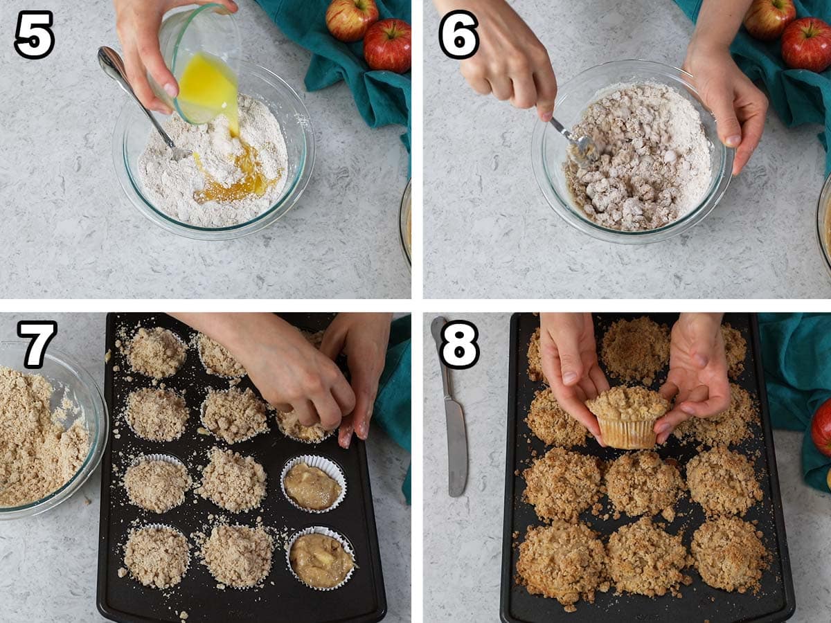 collage of four photos showing streusel being prepared and sprinkled over muffins