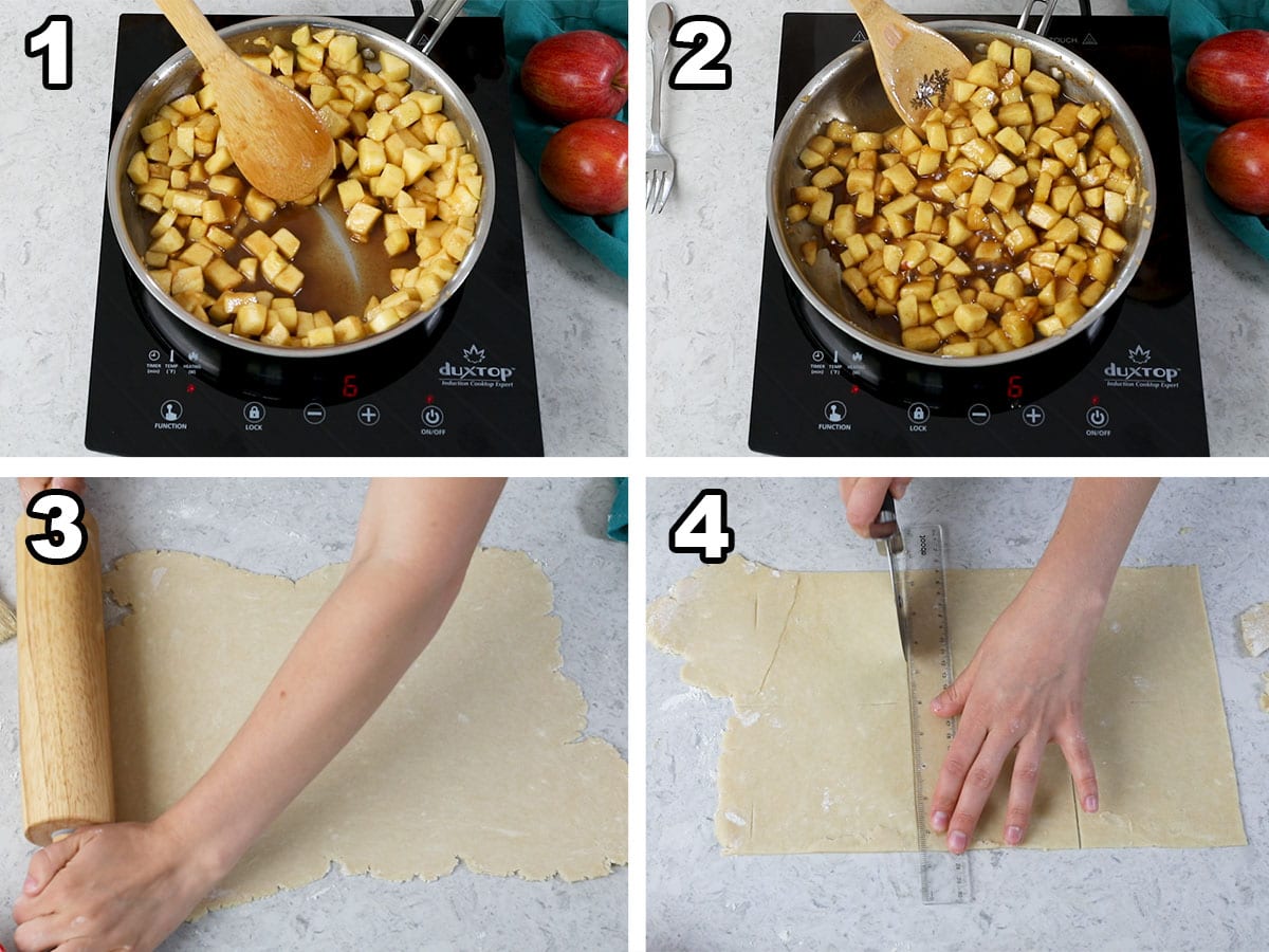 collage of four photos showing apples being cooked in a saucepan and pie dough being rolled and cut