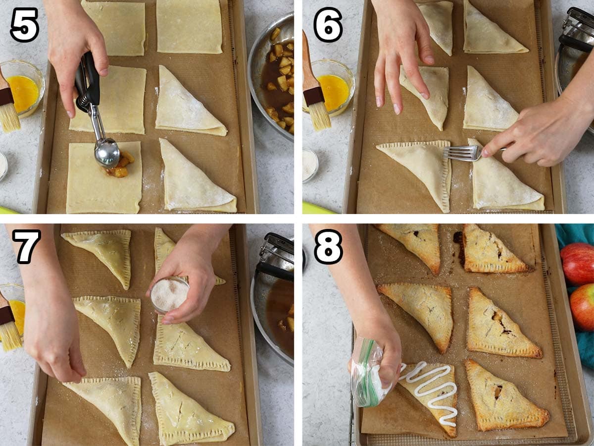 collage of four photos showing pastry squares being filled, folded, and sugared before baking and after baking