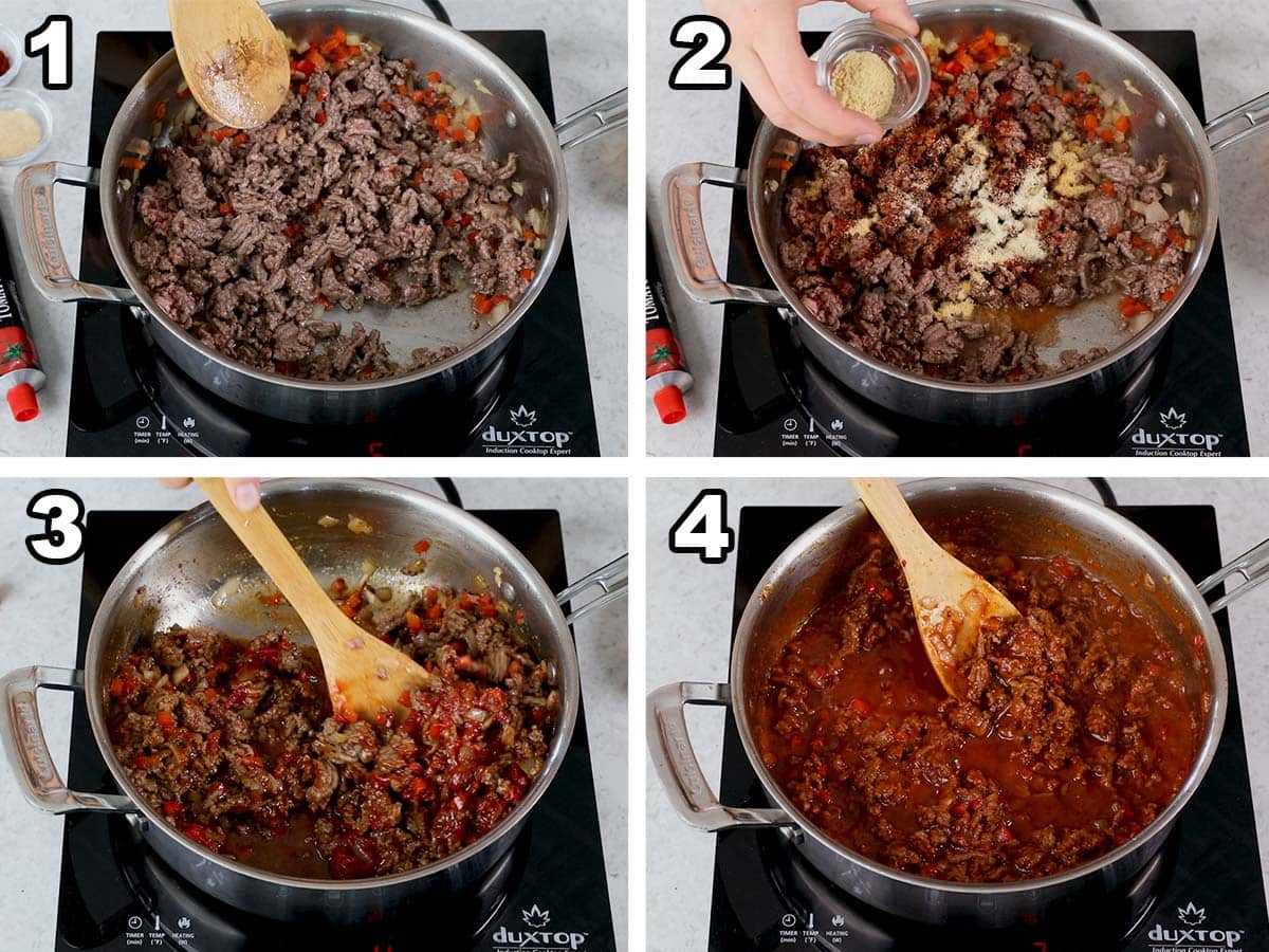 collage of four photos showing how to make homemade sloppy joes