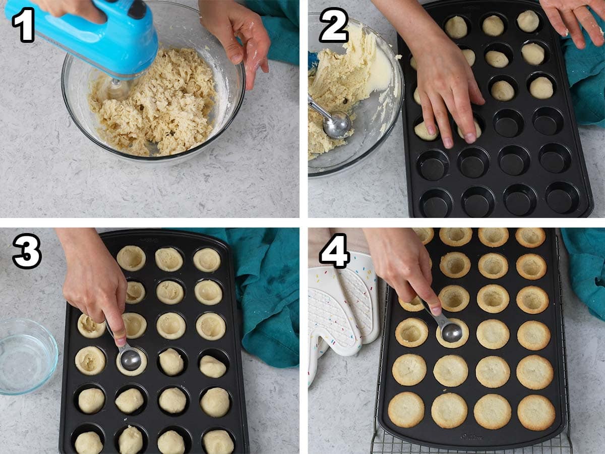 collage of four photos showing how to make sugar cookie cups