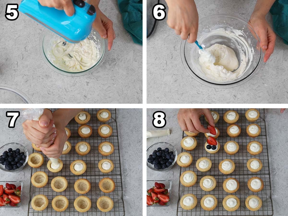 collage of four photos showing cheesecake batter being prepared and portioned into sugar cookie cups