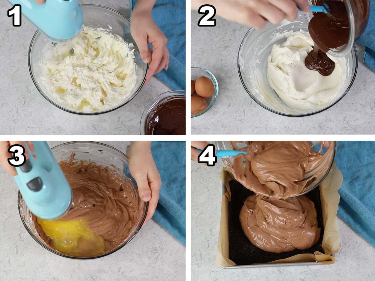 Collage of 4 steps to making chocolate cheesecake bar batter: 1) cream cream cheese and sugar; 2) add chocolate; 3) add eggs; 4) pour into crust