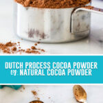 Collage of Cocoa Powder, top image of dutched process in silver measuring cup, bottom image of natural and dutch cocoa powder in measuring cups photographed from above