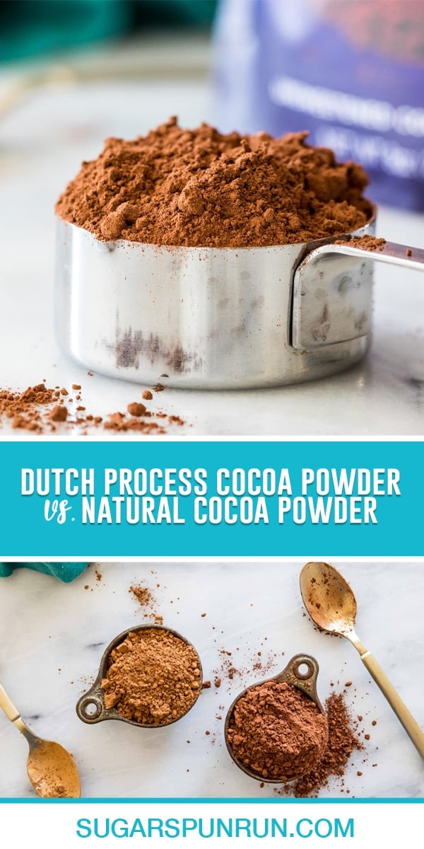 Collage of Cocoa Powder, top image of dutched process in silver measuring cup, bottom image of natural and dutch cocoa powder in measuring cups photographed from above