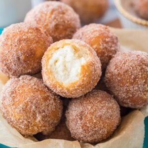 pile of sugared donut holes made from a donut recipe without yeast