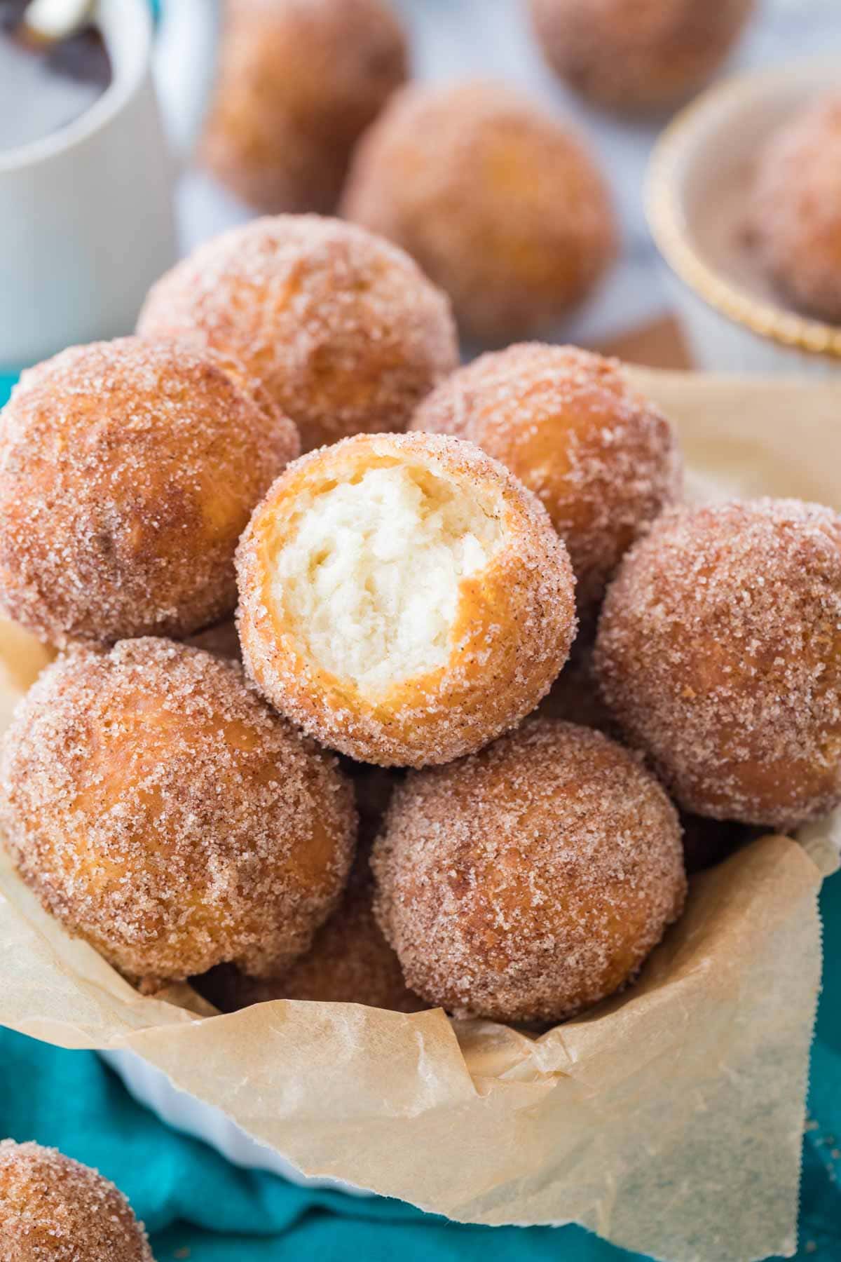 pile of sugared donut holes made from a donut recipe without yeast