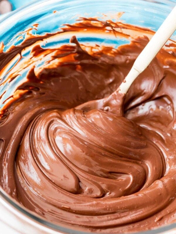 bowl of melted chocolate after microwaving to demonstrate how to melt chocolate chips