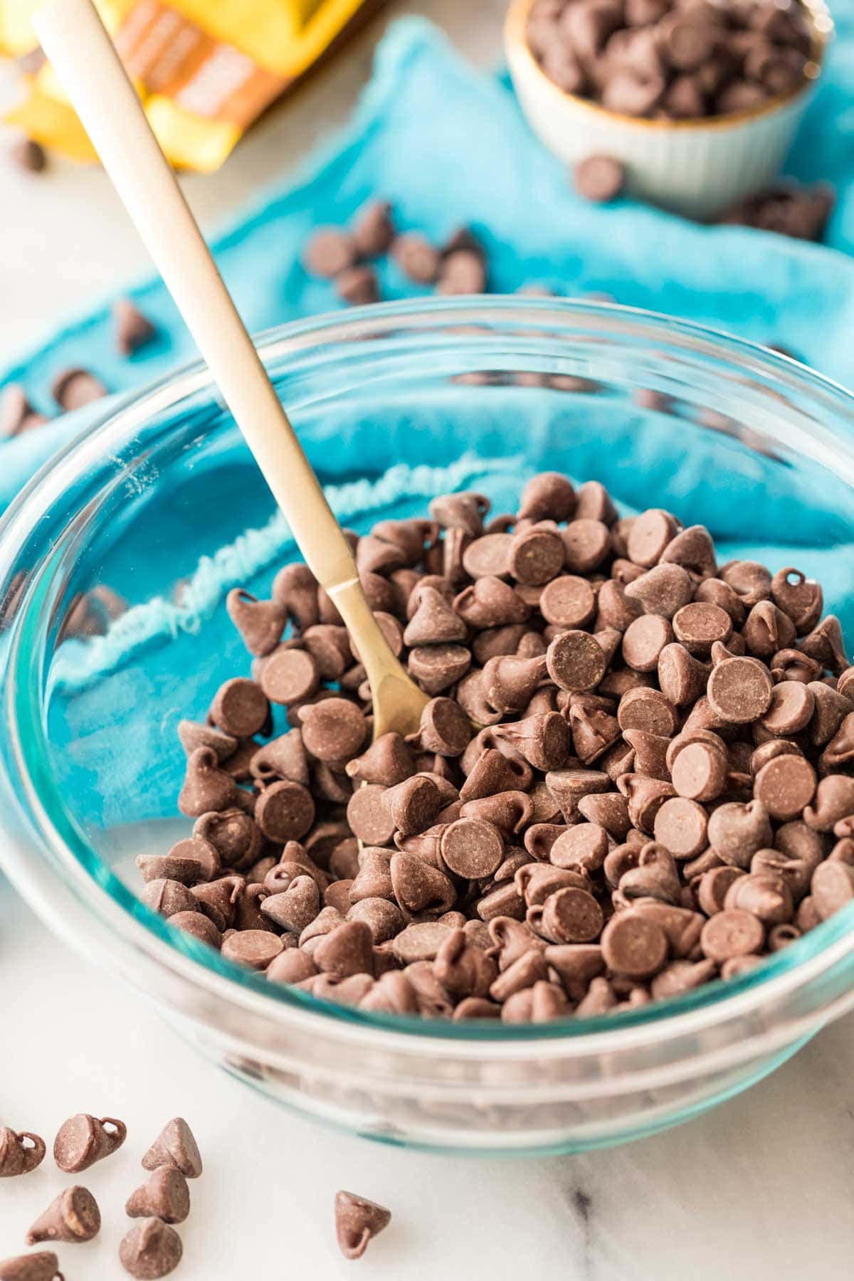 chocolate chips in a clear heatproof bowl