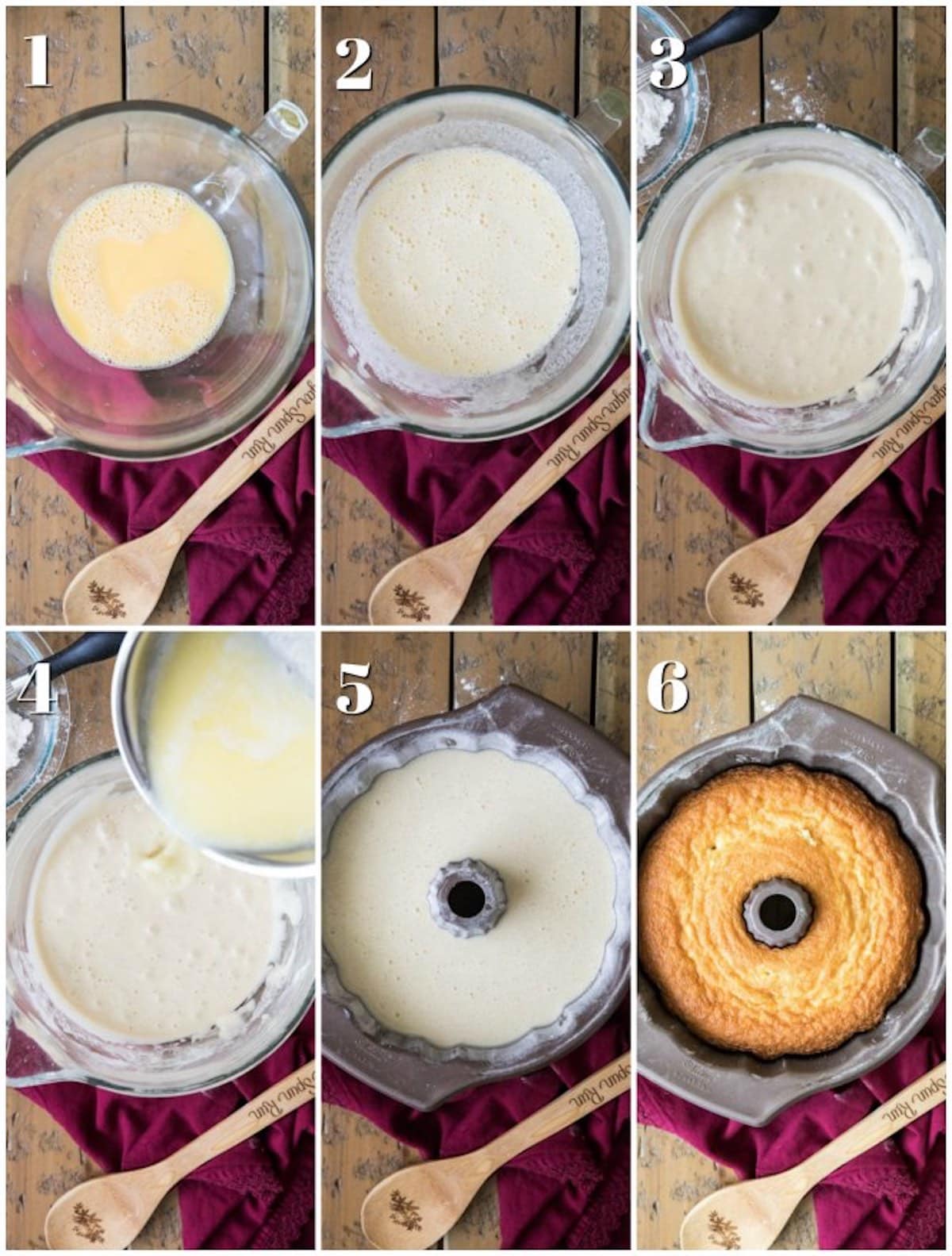 collage of 6 photos showing the process of making a bundt cake