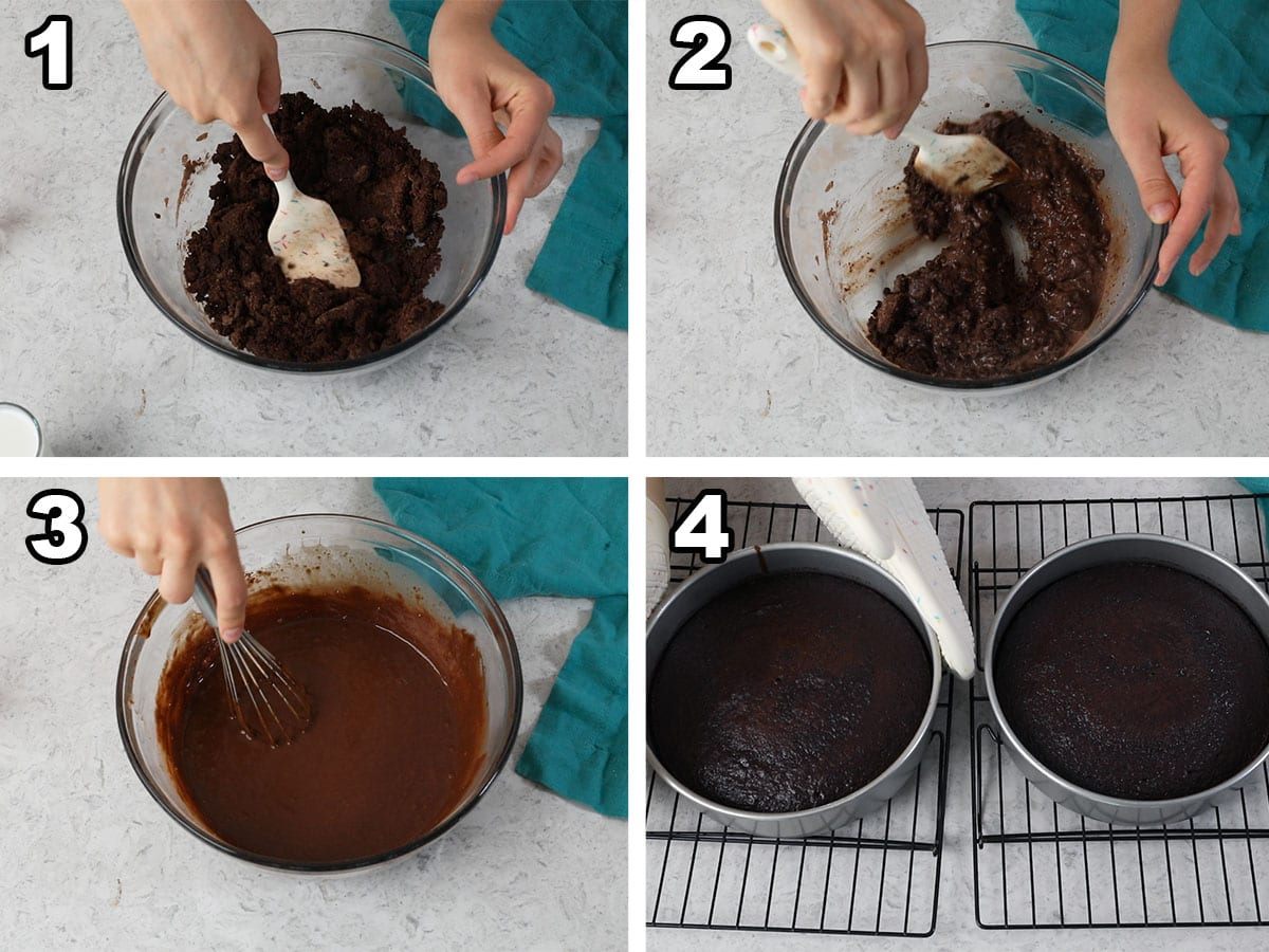 collage of four photos showing chocolate cake being prepared and baked