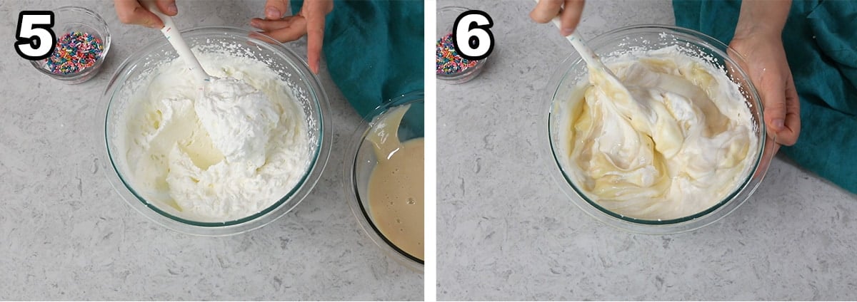 collage of two photos showing condensed milk being stirred into whipped cream
