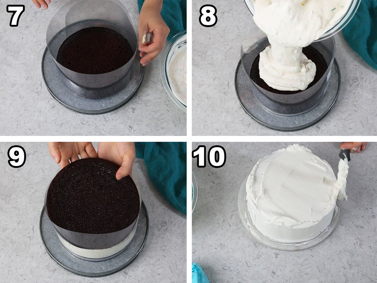 collage of four photos showing chocolate cake layers being stacked with homemade ice cream in-between