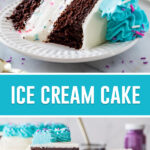 collage of ice cream cake, top image of close up of single slice, bottom image of two slices one vertical and one on its side