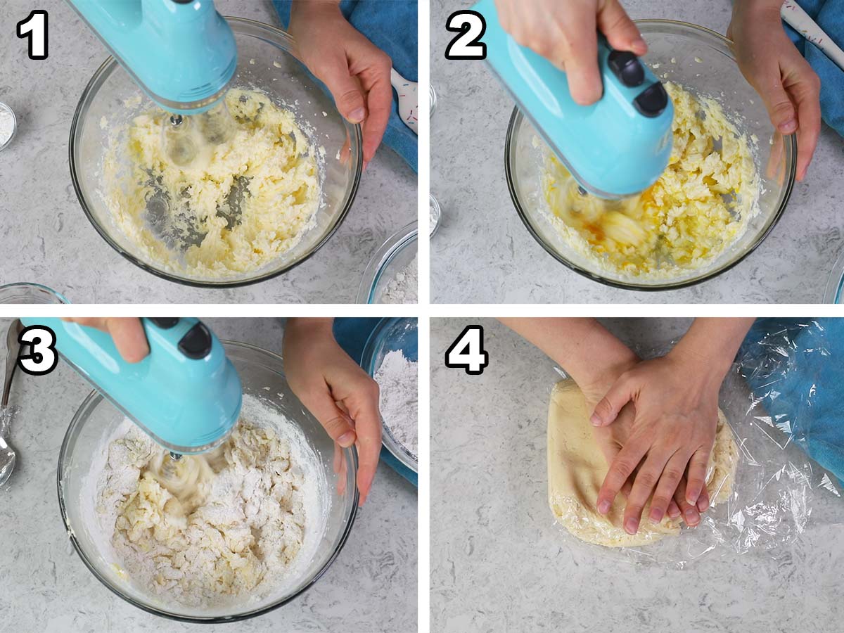 collage of four photos showing cookie dough being mixed and formed into a disc