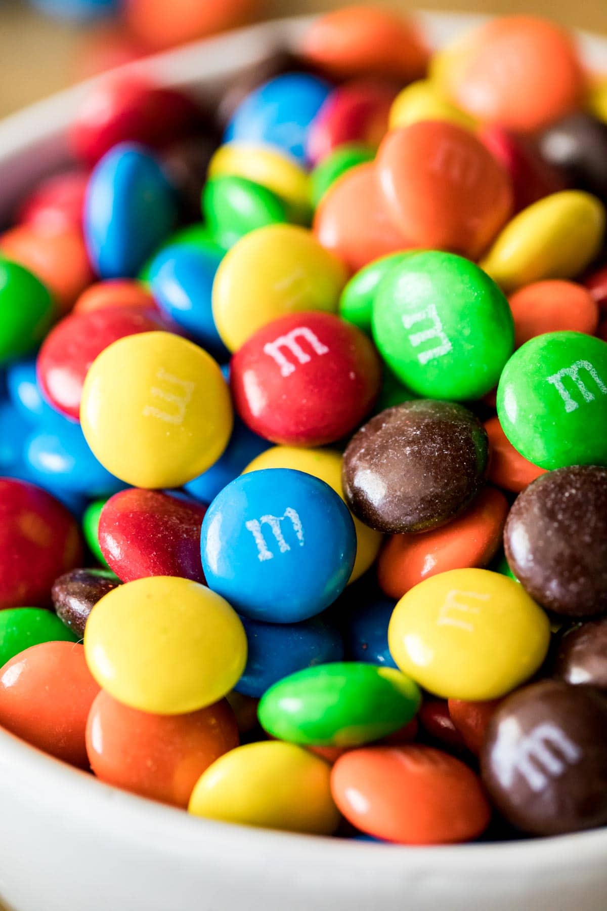 close-up shot of m&m candies in a bowl