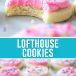 collage of lofthouse cookies, top image of single cookie with bite taken out, bottom image of multiple cookies neatly spread out