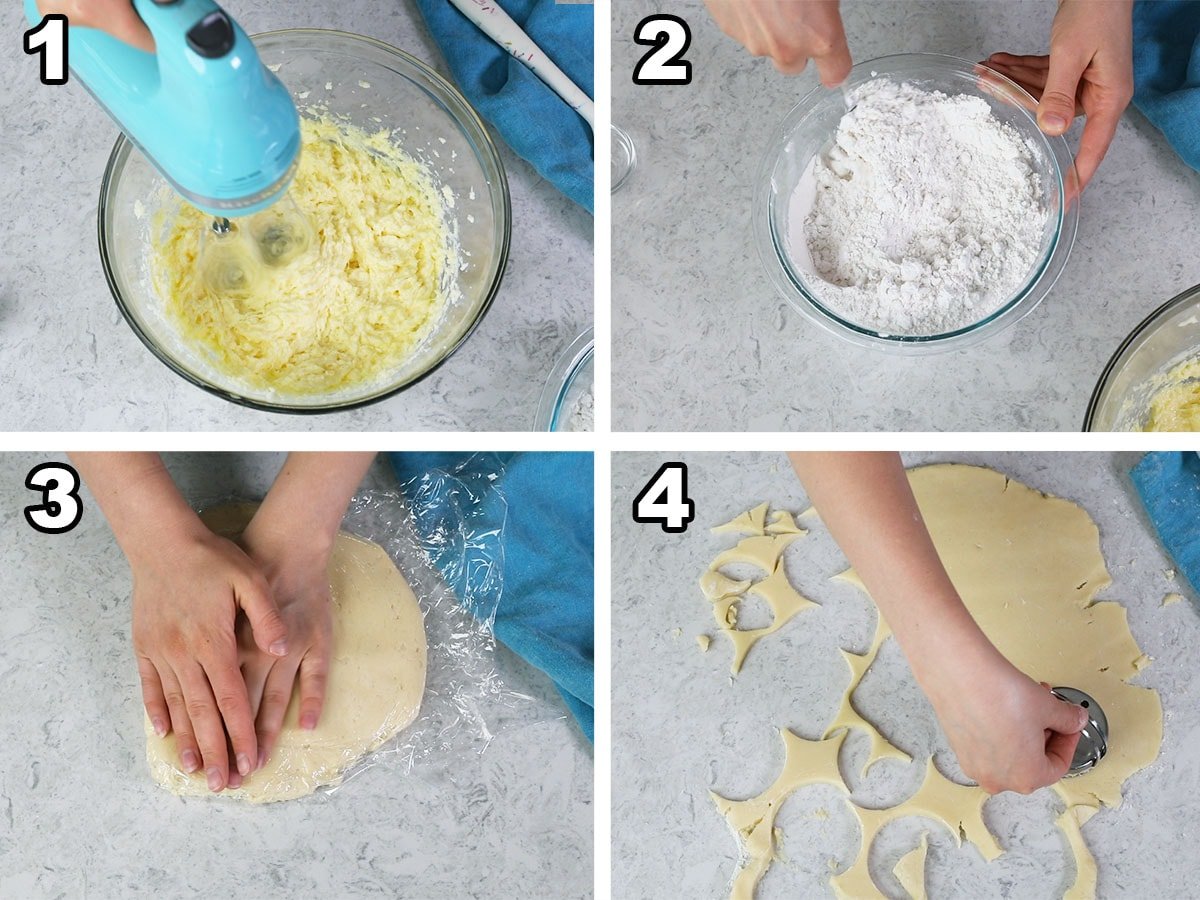collage of four photos showing cookie dough being prepared, rolled out, and cut