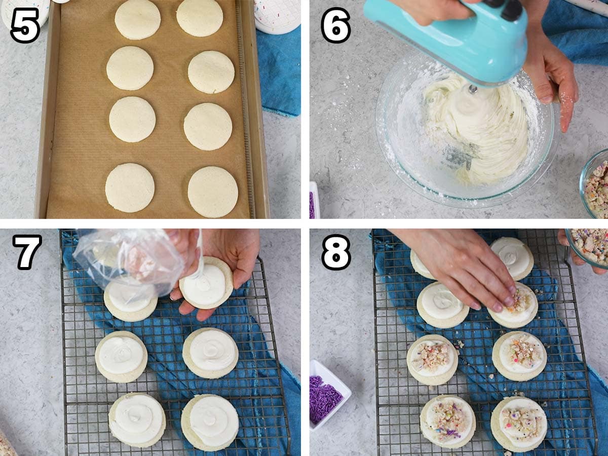 collage of four photos showing cookies being baked, frosted, and topped with birthday cake crumbs