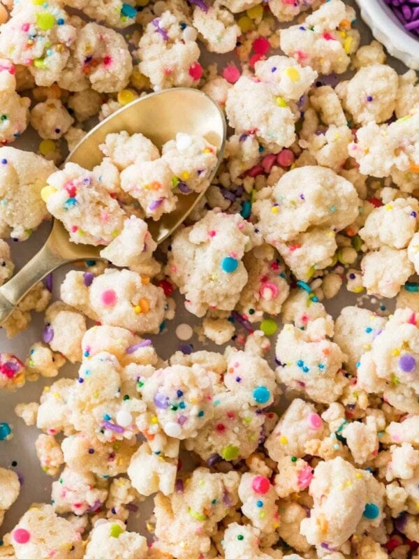 close-up view of scattered confetti crumbs