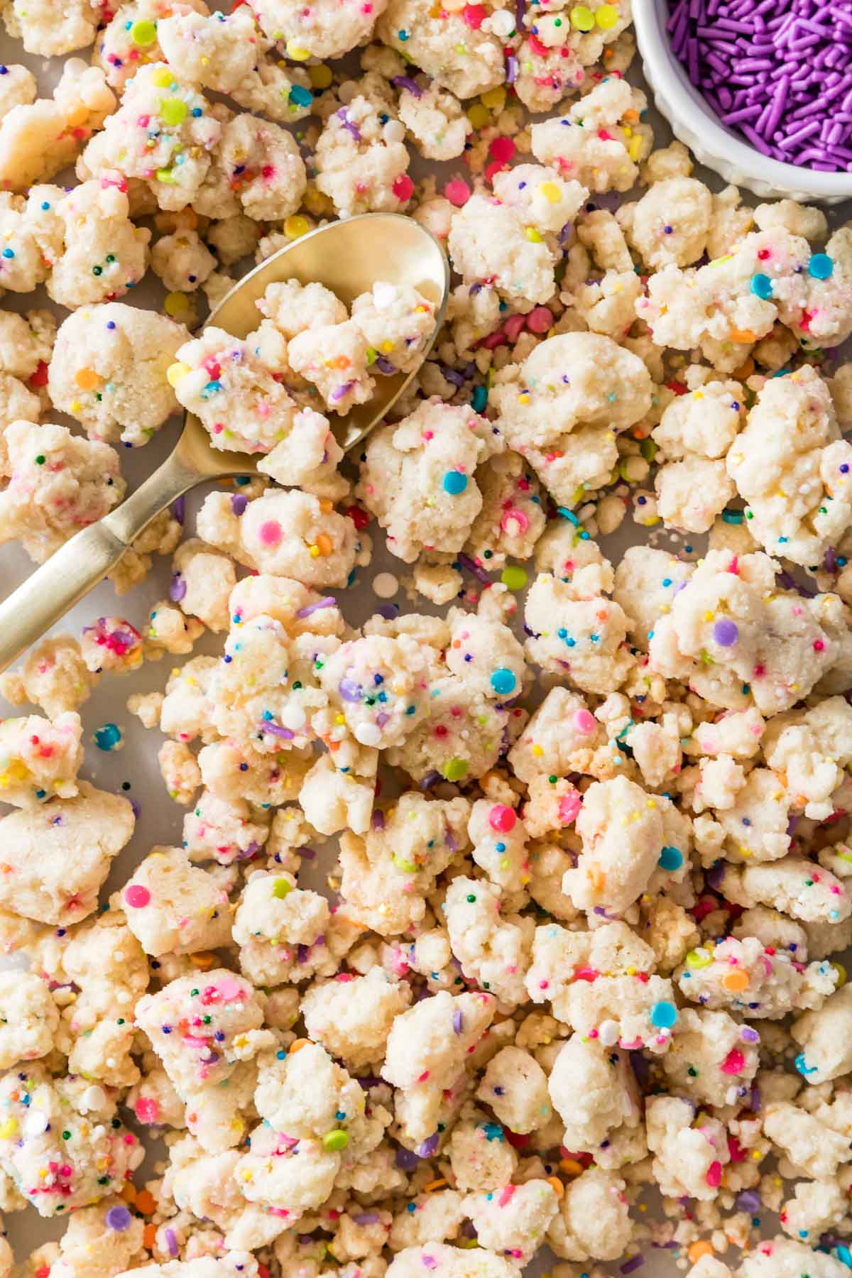 close-up view of scattered confetti crumbs