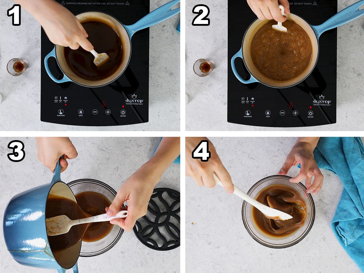 collage of four photos showing caramel being made on the stove